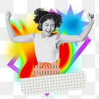 Jumping teenage girl png sticker, creative neon gradient remix on transparent background