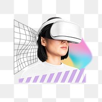 VR woman png sticker, creative pastel holographic remix on transparent background
