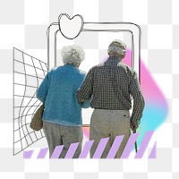 Senior couple png sticker, creative pastel holographic remix on transparent background