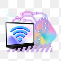 Networking laptop png sticker, creative pastel holographic remix on transparent background