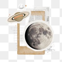 Moon & Saturn png, galaxy aesthetic paper collage art, transparent background