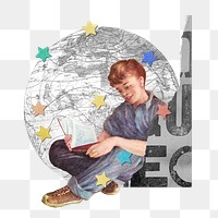 Ephemera collage element png vintage boy reading book sticker, transparent background