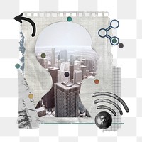 Office buildings png sticker, note paper collage art with human head silhouette on transparent background