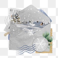 Winter Christmas png sticker, open envelope collage art on transparent background