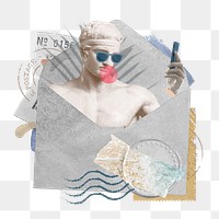 Greek God hipster png sticker, open envelope collage art on transparent background