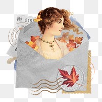 Autumn queen png sticker, open envelope collage art on transparent background