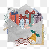 Christmas gift boxes png sticker, open envelope collage art on transparent background