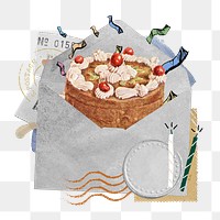Birthday cake png sticker, open envelope collage art on transparent background