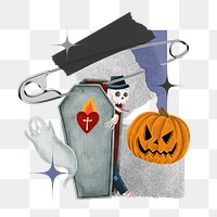 Cute Halloween ghost png sticker, creative safety pin paper collage on transparent background