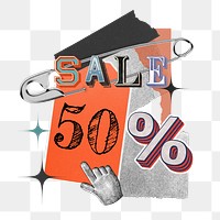 50% sale png sticker, creative safety pin paper collage on transparent background