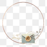 PNG round gold frame, vintage envelope sticker, transparent background