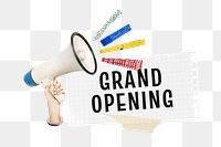 Grand opening announcement png paper collage sticker, transparent background