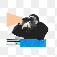 Businessman png using binoculars, paper collage art, transparent background