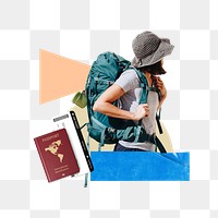 Woman backpacker png aesthetic, travel collage art, transparent background