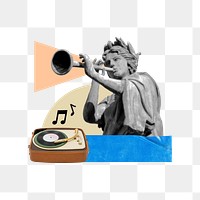 Vintage music png, Greek statue paper collage art, transparent background