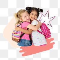 Little girls png hugging, education collage art, transparent background