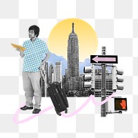 Traveling man png with luggage, creative collage art, transparent background