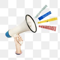 Hand holding megaphone png sticker, creative collage on transparent background