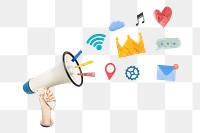 Hand holding megaphone png sticker, creative collage on transparent background