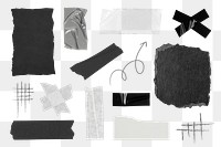 Black and white png ripped paper collage element set, transparent background