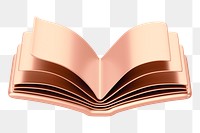 Rose gold open book png 3D education element, transparent background