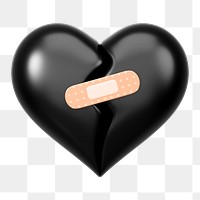 Black bandaged heart png 3D element, transparent background