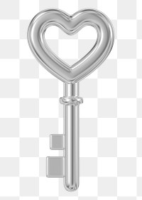Silver heart key png Valentine's 3D element, transparent background