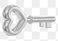 Silver heart key png Valentine's 3D element, transparent background