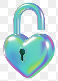 Holographic heart padlock png 3D element, transparent background