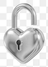 Silver heart padlock png 3D element, transparent background