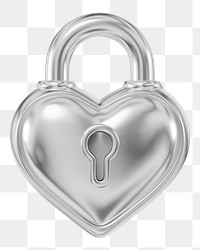 Silver heart padlock png 3D element, transparent background