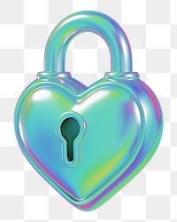 Holographic heart padlock png 3D element, transparent background