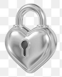 Silver heart padlock png 3D element, transparent background