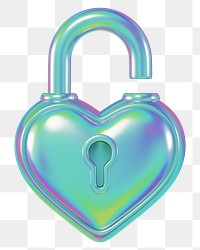 Holographic heart padlock png 3D element, transparent background