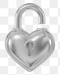 Silver heart padlock png 3D element, transparent background