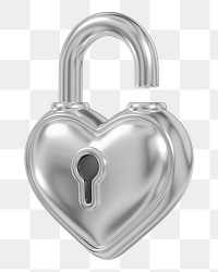 Silver heart padlock png 3D element, transparent background