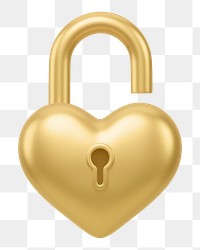 Golden heart padlock png 3D element, transparent background