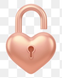 Copper heart padlock png 3D element, transparent background