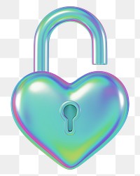 Holographic heart padlock png 3D element, transparent background