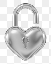 Silver heart padlock png 3D element, transparent background