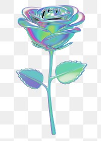 Blue metallic rose png flower, 3D illustration, transparent background