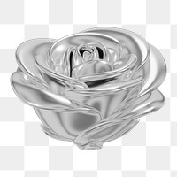 Silver metallic rose png flower, 3D illustration, transparent background