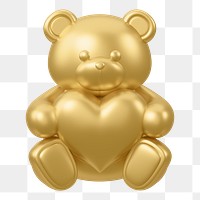 Golden teddy bear png holding heart, 3D illustration on transparent background