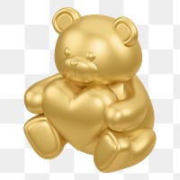 Golden teddy bear png holding heart, 3D illustration on transparent background