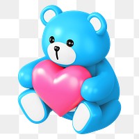 Blue teddy bear png holding heart, 3D illustration on transparent background