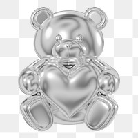 Silver teddy bear png holding heart, 3D illustration on transparent background