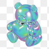 Metallic teddy bear png holding heart, 3D illustration on transparent background