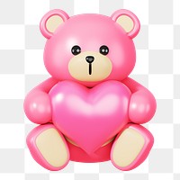 Pink teddy bear png holding heart, 3D illustration on transparent background