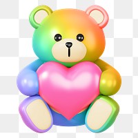 Rainbow teddy bear png holding heart, 3D illustration on transparent background