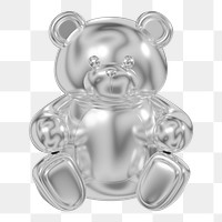 Silver teddy bear png, 3D illustration on transparent background